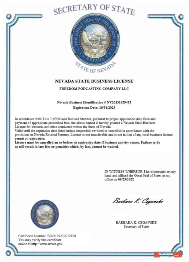 USA Nevada State certificate of business license Word and PDF template
